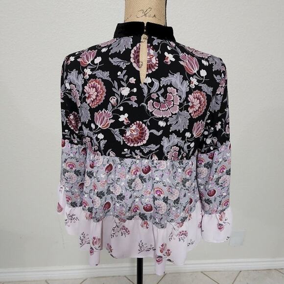 LOFT bell sleeve floral‎ choker neckline cottage blouse size XS - Picture 5 of 6